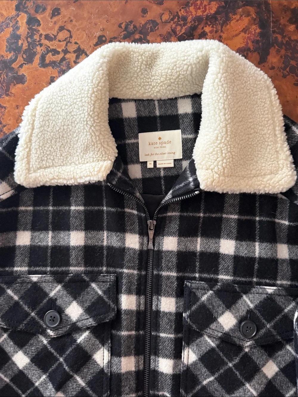 kate spade Black & White Plaid Sherpa Collar Fringe Jacket